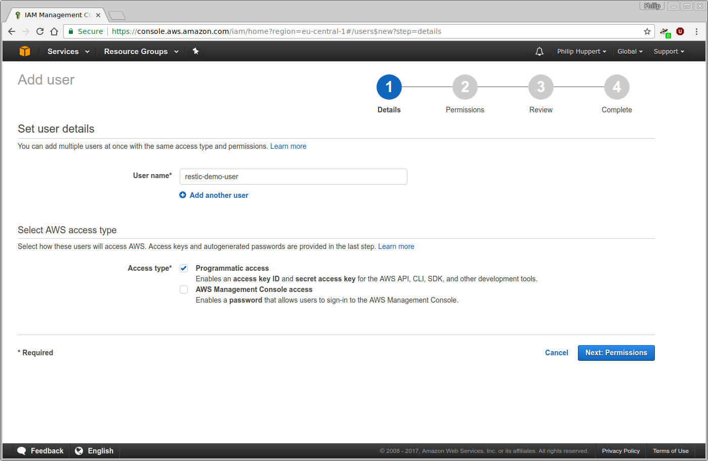 Choose User Name and Access Type